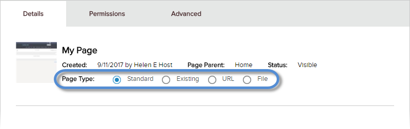 Page Details > Page Type options