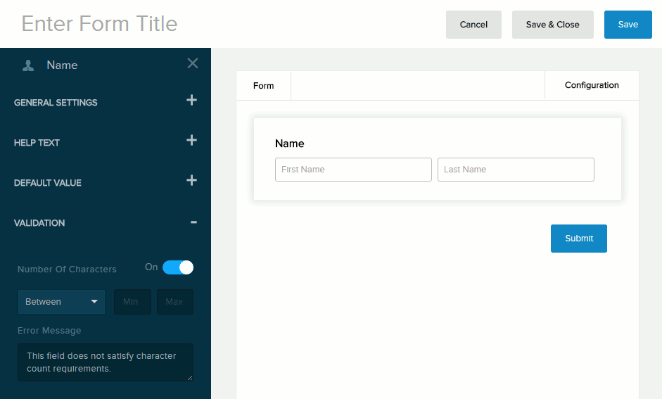 Settings for Name field