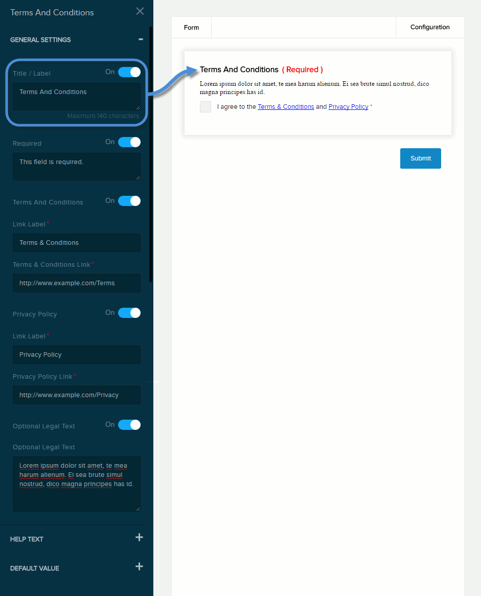 Settings for Terms and Conditions field